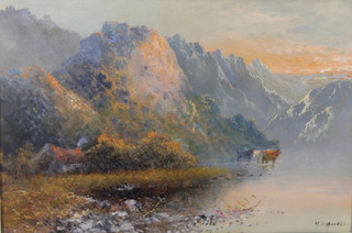 M D Ansell, a pair of 19th Century impressionist oil paintings on boards, highland lake scenes with watering cattle, signed to bottom right hand corner 10" x 15" 