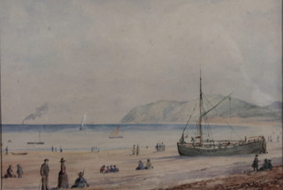 A Victorian watercolour, study of a bay with boats and figures 8" x 11"  