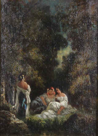 An 18th Century oil painting on panel, study of woodland scene with 3 ladies, unsigned, 7 1/2" x 5 1/2", contained in a contemporary gilt frame