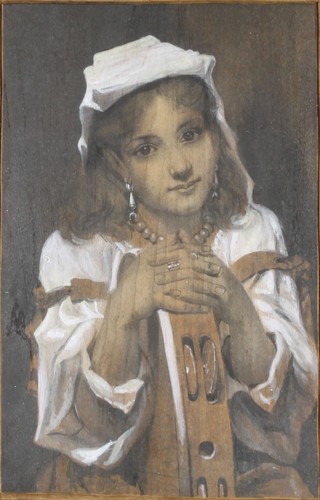 19th Century mixed media, a Continental study of a girl with tambourine in a carved contemporary frame, unsigned, 11" x 7"  