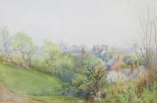 H J Bateman, watercolour drawings, study of a village with church, buildings and figure in distance ,signed,12" x 19"