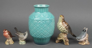 A Beswick turquoise Cathay aesthetic style oviform vase 7 1/2" and 4 Beswick birds