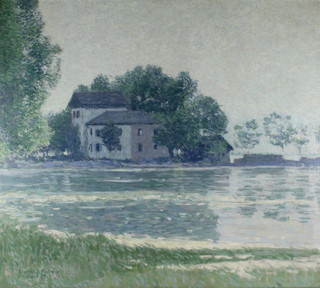 Charles J Palmie 07, oil on canvas , a Continental river landscape with buildings Hard, signed, re-lined 30 1/4" x 33 1/2" 