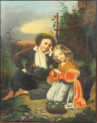 19th Century oils on canvas, a pair of Continental studies of children in garden landscapes, unsigned, re-lined 17" x 14" 