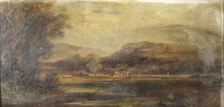 19th Century oil on panel, an extensive country landscape with distant hills, unsigned, 5 1/2" x 11 1/2"  