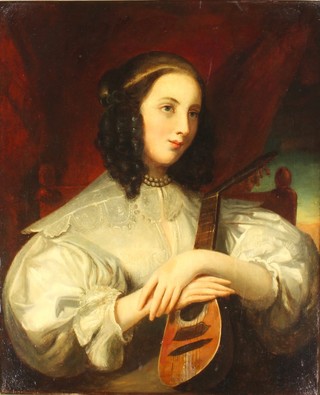 In the manner of Francois Pascal Simon (Baron Gerard), oil on canvas,  portrait of a lady holding a lute, unsigned, re-lined 28" x 23" 