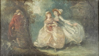 19th Century oil on board, study of ladies and gentleman in a woodland setting, unsigned, 10" x 17" 