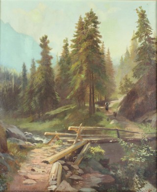 Early 20th Century oil on canvas, a Continental mountainous woodland path with a figure and goat and distant mountains, signed, 21" x 17 1/2" 