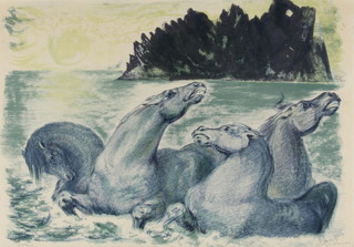 Aligi Sassu, a limited edition print, study of horses cavorting in the sea, signed in pencil 20/200 13" x 18"