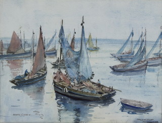 Hilary Cobbet, watercolour, a study of sardine boats off Bouranenez, signed and inscribed indistinctly 9 1/2" x 12 1/2" 