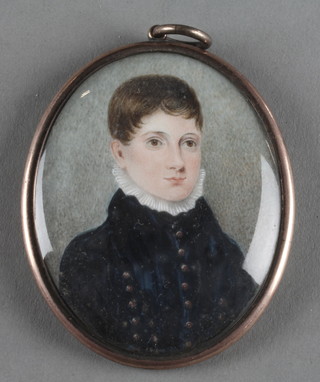 An 18th Century miniature watercolour, an oval portrait of a young gentleman in a frock coat, unsigned 2 1/4" x 1 3/4" 