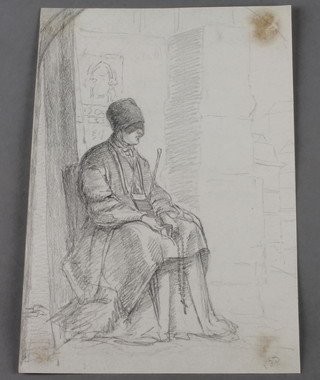 B B, pencil drawing, study of a seated cleric, monogrammed, unframed 9 1/2" x 7"