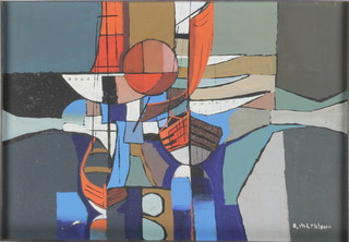 R Palmisano, oil on board, a stylish abstract coastal scene with moored boats, signed 13" x 19" 