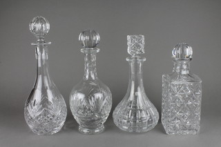 A cut glass mallet shaped decanter and stopper 11" and 3 others 