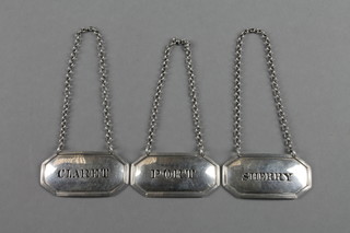 A set of 3 Victorian pierced silver spirit labels, Sherry, Port and Claret, London 1881