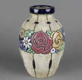 A Czechoslovakian amphora oviform vase decorated with stylised flower heads 8 1/2" 