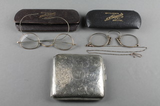 A chased silver cigarette case 98 grams, 2 pairs of cased spectacles