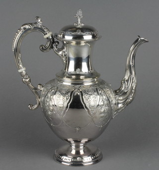 A late Victorian silver plated and chased bulbous teapot with ivory resistors