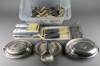 A silver plated 3 section nut dish and minor plated items