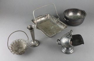 A silver plated swing handled basket and minor plated items