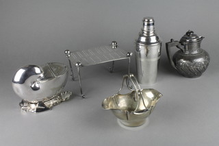 An Art Deco silver plated cocktail shaker and minor plated items 