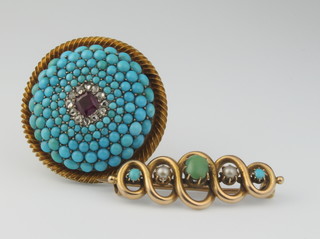 A Victorian turquoise diamond and ruby target brooch, an opal and pearl bar brooch
