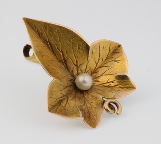A 15ct gold pearl set leaf brooch