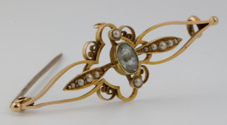 A 15ct gold pearl and gem set bar brooch
