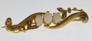 A 9ct gold opal and seed pearl bar brooch