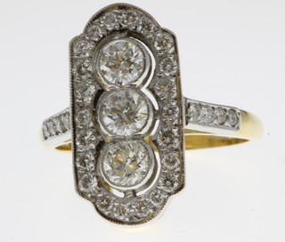 An 18ct yellow gold Art Deco style 3 stone open ring, approx 1.3ct size O 