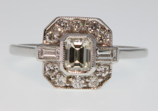 An 18ct white gold Art Deco style diamond ring, approx 0.9ct, size L 1/2