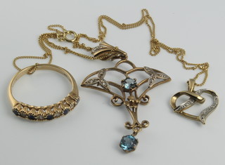 A 9ct gem set pendant, a gem set ring size M 1/2 and heart shaped pendant 