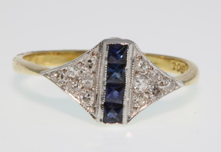 An 18ct yellow gold sapphire and diamond Art Deco style ring, size M 1/2