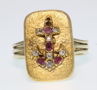A 9ct gold gem set anchor ring, size N, 6 grams