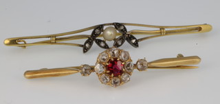 An 18ct seed pearl and diamond bar brooch and an 18ct rose diamond and red pasted bar brooch