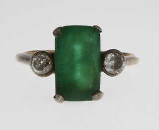 A gold emerald and diamond 3 stone ring, size M 