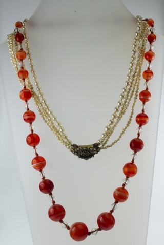 An Antique seed pearl 3 string necklace, a single ditto and a necklace of agate beeds