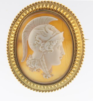 A Victorian gilt cameo brooch with portrait of a warrior, cracked