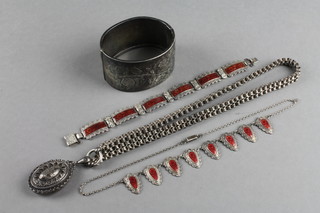 A silver and guilloche enamel bracelet and necklace, a Victorian silver locket on chain and a silver bangle 