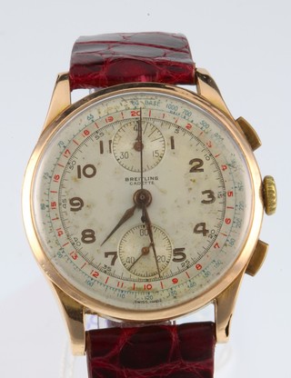 A gentleman's 18ct gold Breitling Cadette chronometer wristwatch with 2 subsidiary dials on a leather strap (lacking back gold cover)