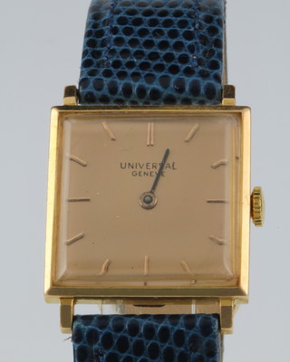 A gentleman's gold Universal wristwatch on a blue leather strap