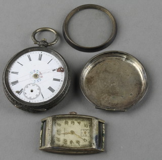 A silver fob watch and a plated wristwatch 