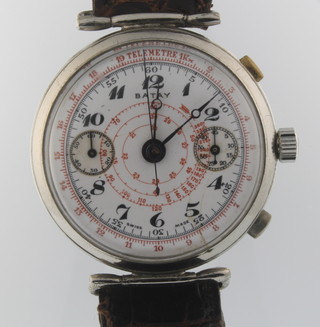 A 1940's Batay plated cased gentleman's chronometer wristwatch with red and white face and 2 subsidiary dials on a leather strap