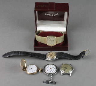 A lady's 14ct gold engraved hunter pocket watch and 4 wristwatches