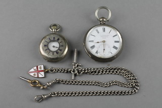 A lady's silver half hunter pocket watch, a silver pocket watch and chain 