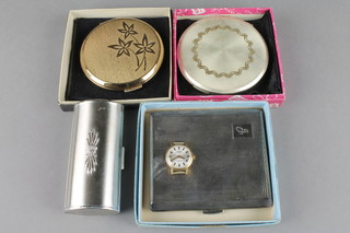 3 compacts, a plated cigarette case and watch