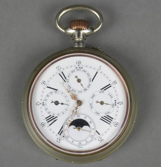 A Victorian silver plated cased Goliath pocket watch with moon phase, calendar, month and day subsidiary dials, contained in a fitted leather case 
