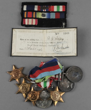 A group to MX.45872.A.G. Adley.L.S.A.R.N. Naval General Service medal with Palestine 1936-39 bar, Naval Long Service Good Conduct medal 1939-45 Atlantic, Burma, Italy Stars and British War medal with posting box  