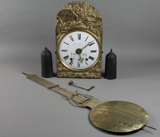 A 19th Century French 8 day striking longcase clock movement with 9 1/2" circular dial and with repousse panel to the front decorated a watermill, striking on a bell