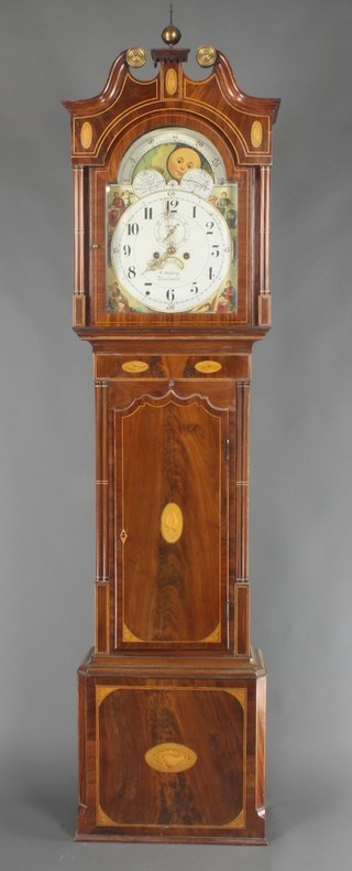 W Mafsey of Nantwich, an 18th Century 8 day striking longcase clock, the 14" arch shaped painted dial with phases of the moon, minute indicator and calendar aperture contained in an inlaid mahogany case, on bracket feet 84 1/2"